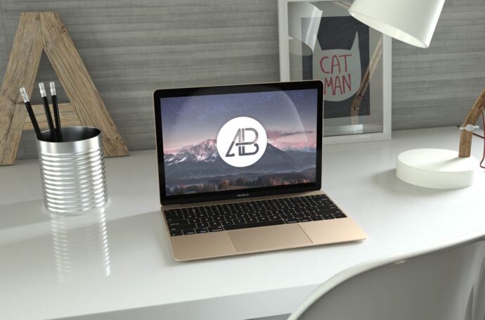 12 inch Gold MacBook on Desk Mockup