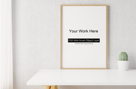 Desk Mockup with Wooden Poster Frame