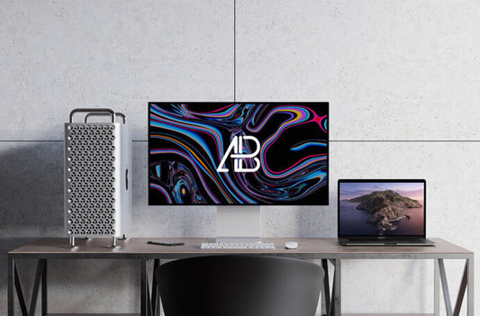 Mac Pro and MacBook Pro Desk Mockup - Professional Workspace Setup