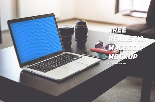 MacBook on Table in Living Room Mockup