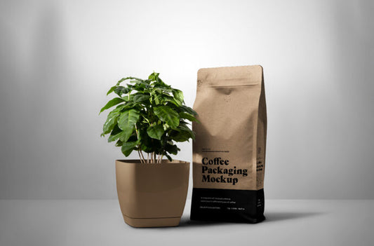 Mockup of Coffee Bag beside Coffee Plant