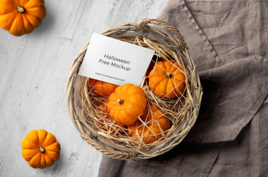 Mockup of Halloween Greeting Card and Pumpkins