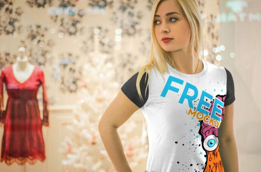 Mockup of a Blonde Girl in a T-Shirt