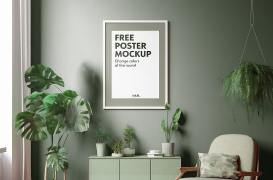 Mockup of a Framed Poster on a Living Room Wall