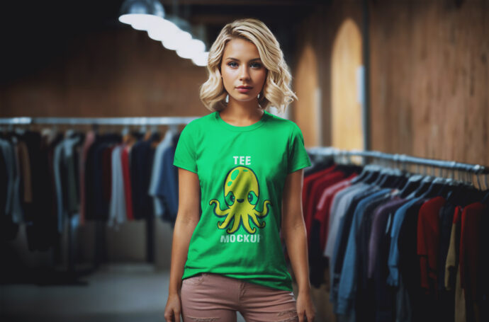 Mockup of a Woman Wearing a T-Shirt in a Clothing Store