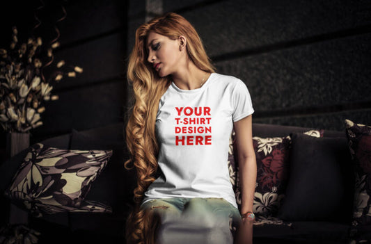 Mockup of a Young Woman Wearing a T-Shirt