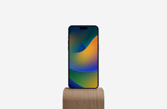 Mockup of iPhone 14 Pro Max on a Wooden Stand for Display