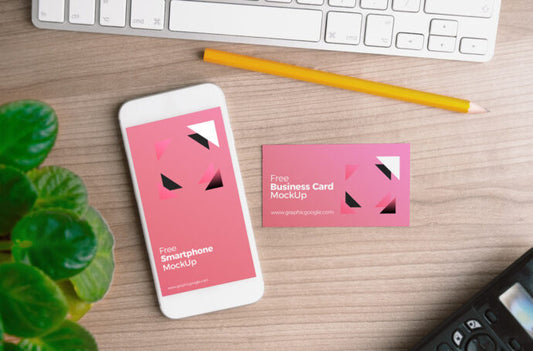 Mockup of iPhone with Business Card for Business Branding