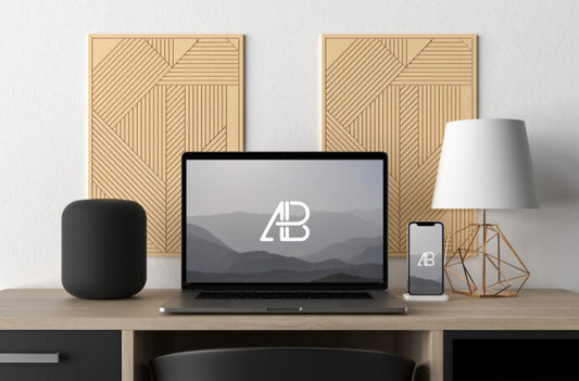 Modern Desk Mockup with MacBook and iPhone X