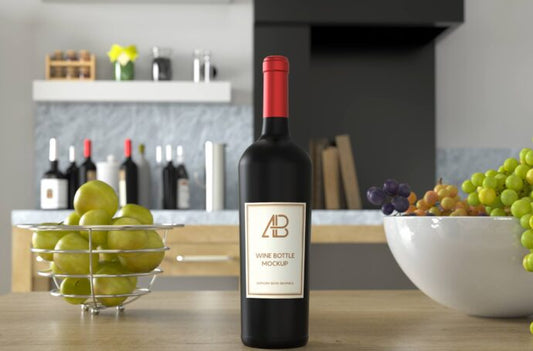 Wine Bottle Mockup on Kitchen Table in Red and White