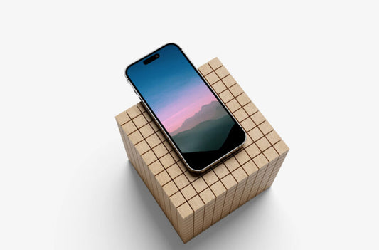 Wooden Cube Mockup featuring iPhone 14 Pro