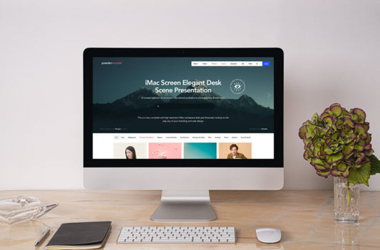 Wooden Desk Mockup with iMac and Keyboard