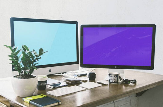 iMac and Apple Display Mockup in a Workspace